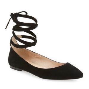 Vince Camuto Bevian black suede pointed toe tie up / lace up ballerina flats